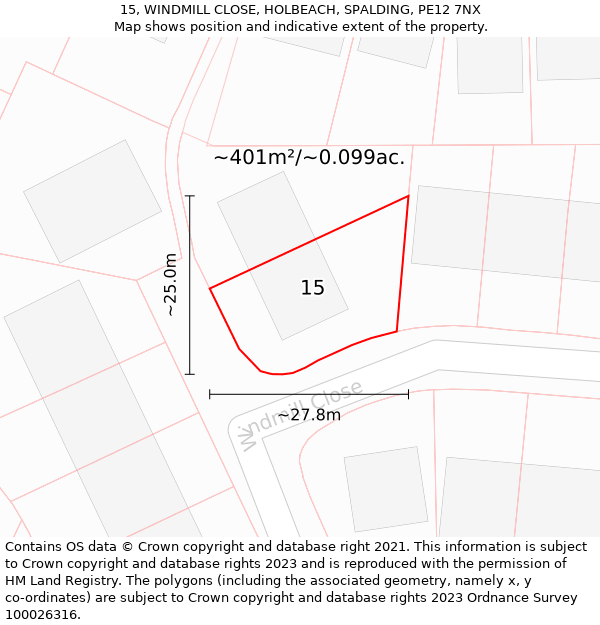 15, WINDMILL CLOSE, HOLBEACH, SPALDING, PE12 7NX: Plot and title map