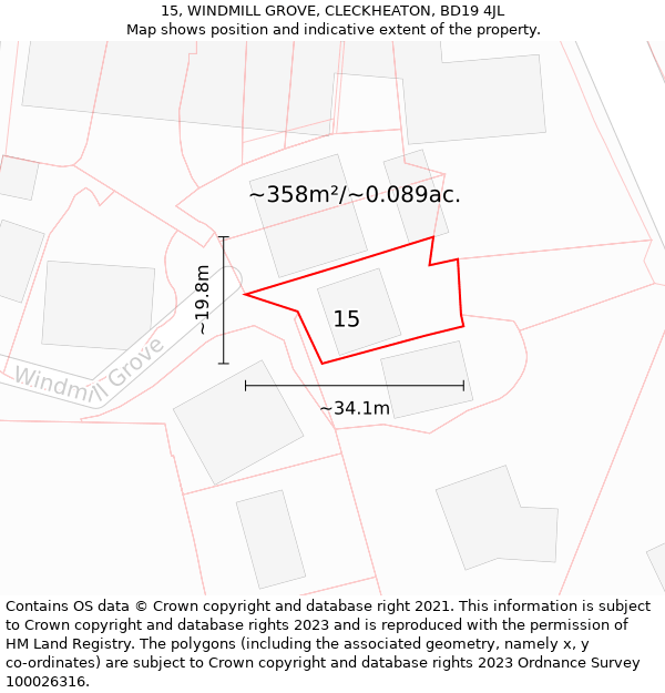 15, WINDMILL GROVE, CLECKHEATON, BD19 4JL: Plot and title map