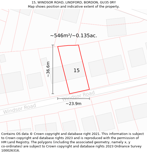 15, WINDSOR ROAD, LINDFORD, BORDON, GU35 0RY: Plot and title map