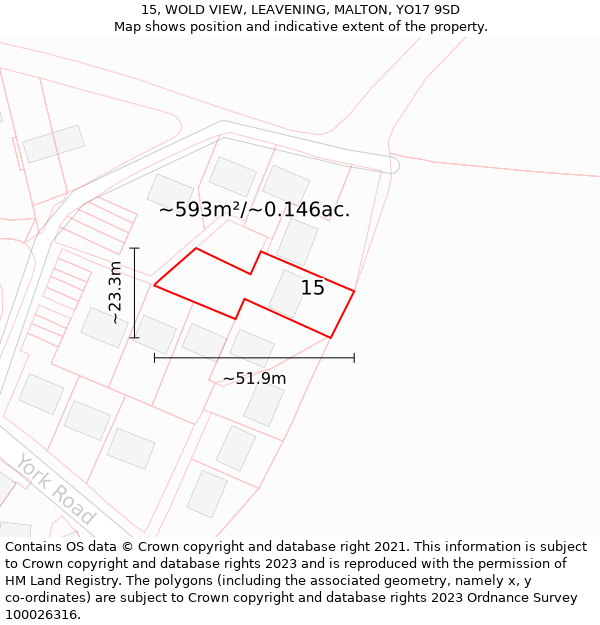 15, WOLD VIEW, LEAVENING, MALTON, YO17 9SD: Plot and title map