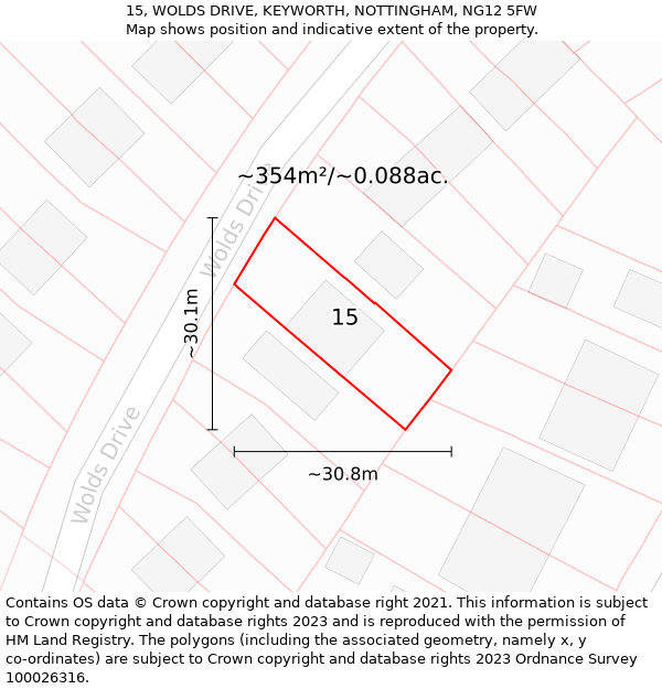 15, WOLDS DRIVE, KEYWORTH, NOTTINGHAM, NG12 5FW: Plot and title map