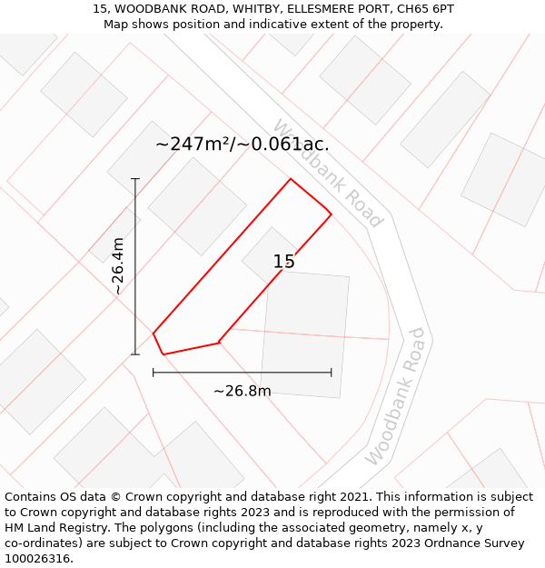 15, WOODBANK ROAD, WHITBY, ELLESMERE PORT, CH65 6PT: Plot and title map