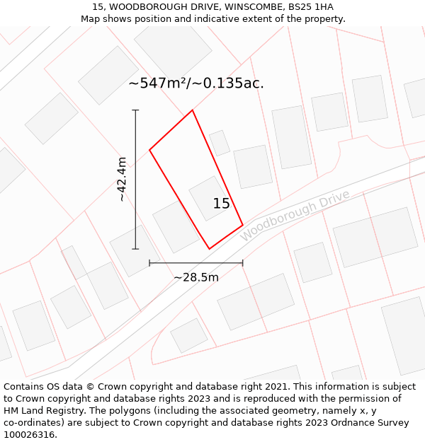 15, WOODBOROUGH DRIVE, WINSCOMBE, BS25 1HA: Plot and title map