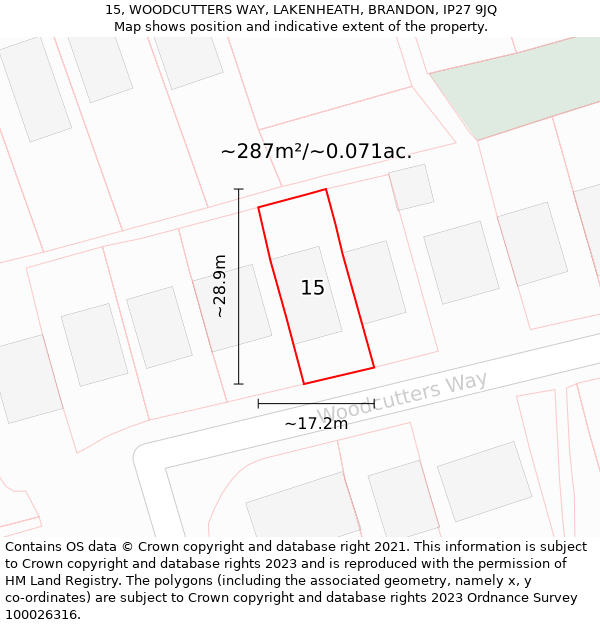 15, WOODCUTTERS WAY, LAKENHEATH, BRANDON, IP27 9JQ: Plot and title map