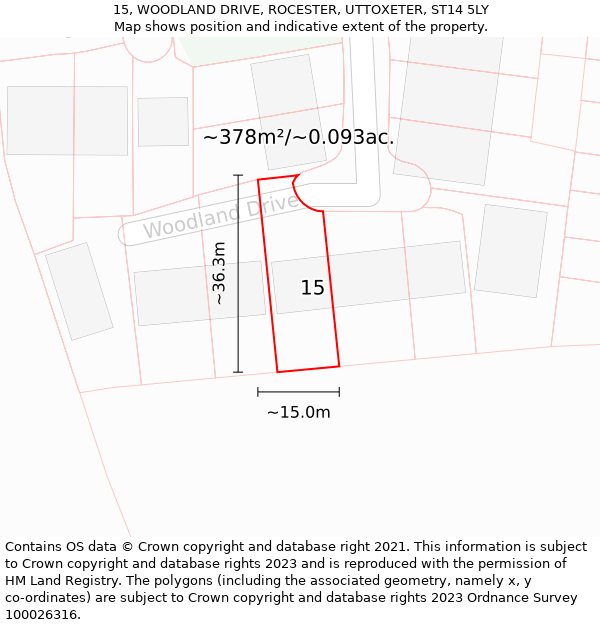 15, WOODLAND DRIVE, ROCESTER, UTTOXETER, ST14 5LY: Plot and title map