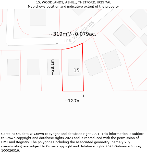 15, WOODLANDS, ASHILL, THETFORD, IP25 7AL: Plot and title map