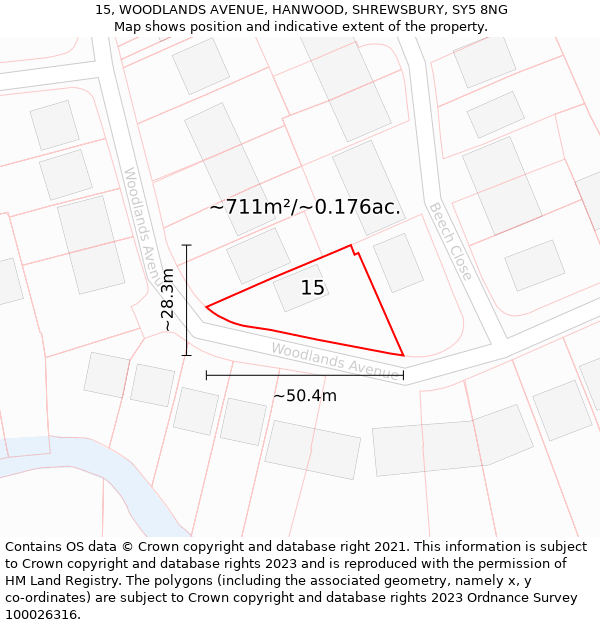 15, WOODLANDS AVENUE, HANWOOD, SHREWSBURY, SY5 8NG: Plot and title map