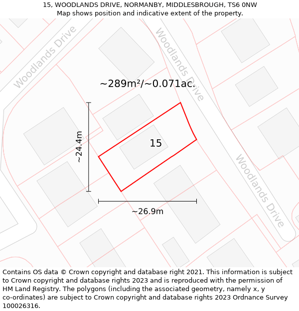 15, WOODLANDS DRIVE, NORMANBY, MIDDLESBROUGH, TS6 0NW: Plot and title map