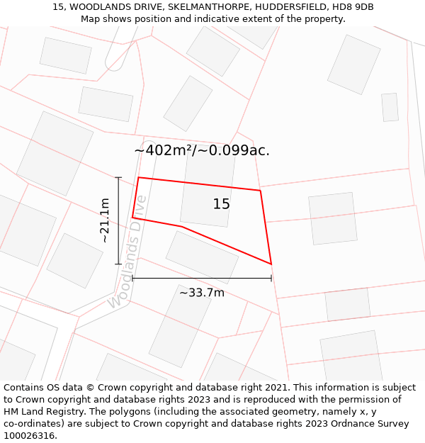 15, WOODLANDS DRIVE, SKELMANTHORPE, HUDDERSFIELD, HD8 9DB: Plot and title map