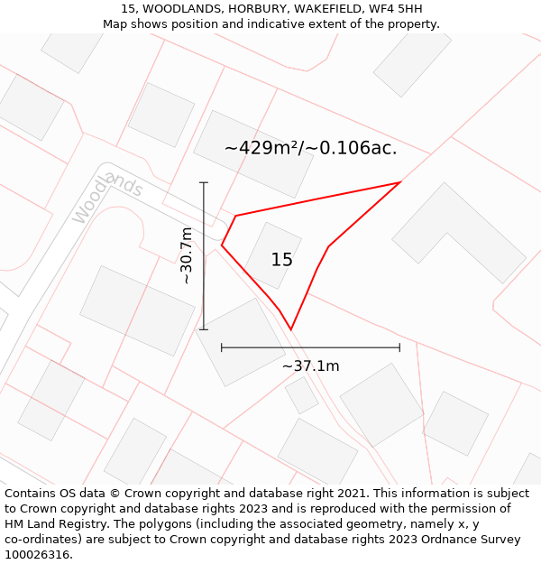 15, WOODLANDS, HORBURY, WAKEFIELD, WF4 5HH: Plot and title map