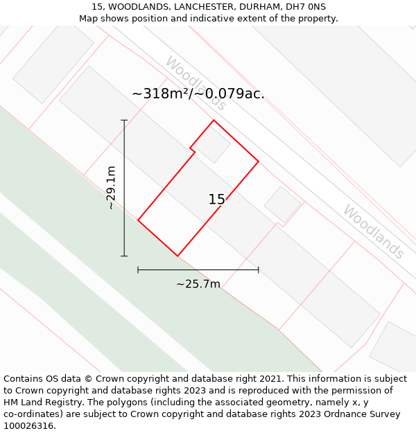 15, WOODLANDS, LANCHESTER, DURHAM, DH7 0NS: Plot and title map