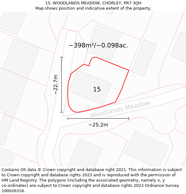 15, WOODLANDS MEADOW, CHORLEY, PR7 3QH: Plot and title map