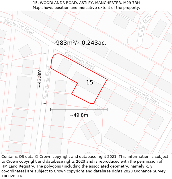 15, WOODLANDS ROAD, ASTLEY, MANCHESTER, M29 7BH: Plot and title map