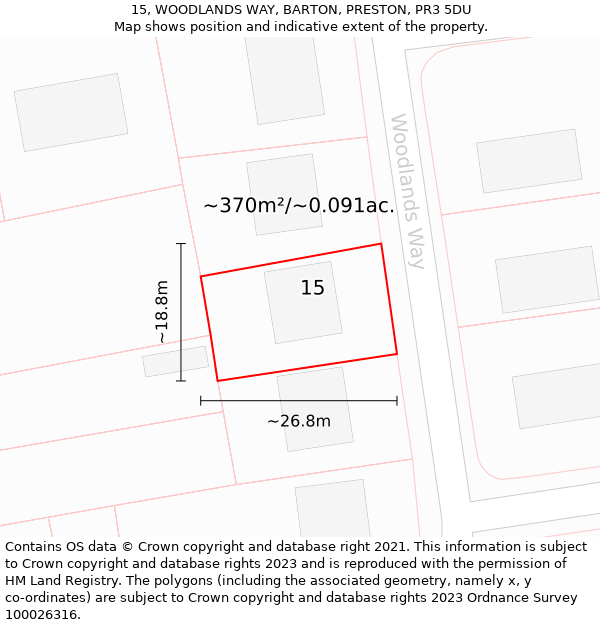 15, WOODLANDS WAY, BARTON, PRESTON, PR3 5DU: Plot and title map