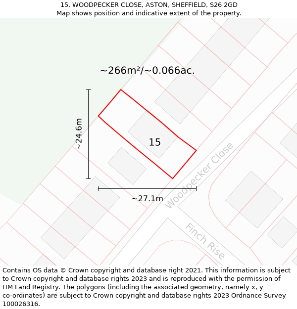 15, WOODPECKER CLOSE, ASTON, SHEFFIELD, S26 2GD: Plot and title map