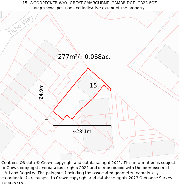 15, WOODPECKER WAY, GREAT CAMBOURNE, CAMBRIDGE, CB23 6GZ: Plot and title map