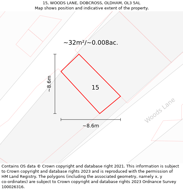 15, WOODS LANE, DOBCROSS, OLDHAM, OL3 5AL: Plot and title map