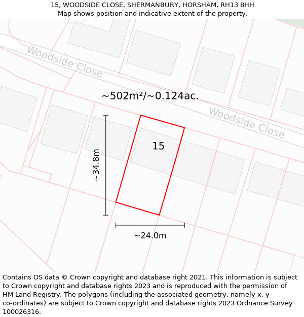 15, WOODSIDE CLOSE, SHERMANBURY, HORSHAM, RH13 8HH: Plot and title map