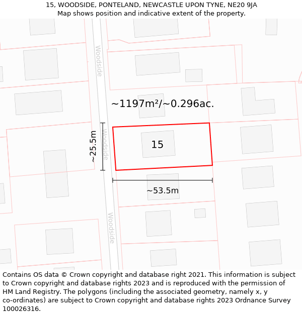 15, WOODSIDE, PONTELAND, NEWCASTLE UPON TYNE, NE20 9JA: Plot and title map