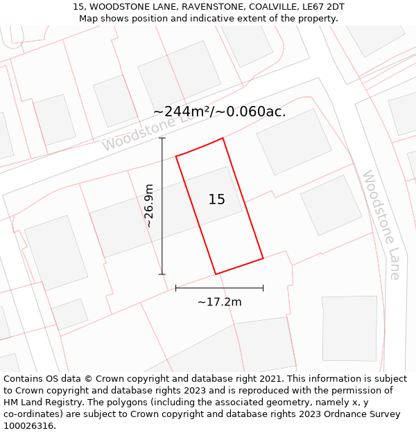 15, WOODSTONE LANE, RAVENSTONE, COALVILLE, LE67 2DT: Plot and title map