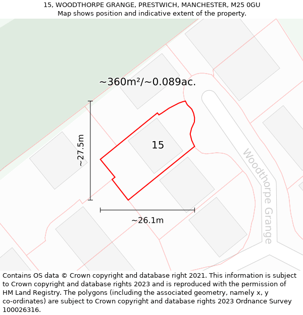 15, WOODTHORPE GRANGE, PRESTWICH, MANCHESTER, M25 0GU: Plot and title map