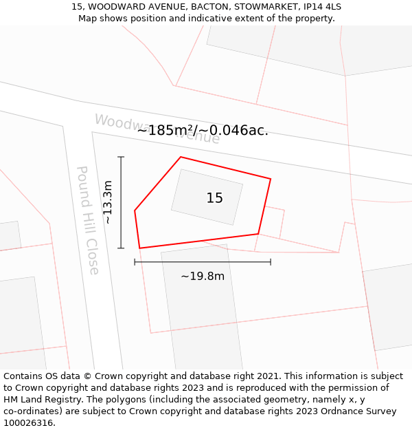 15, WOODWARD AVENUE, BACTON, STOWMARKET, IP14 4LS: Plot and title map