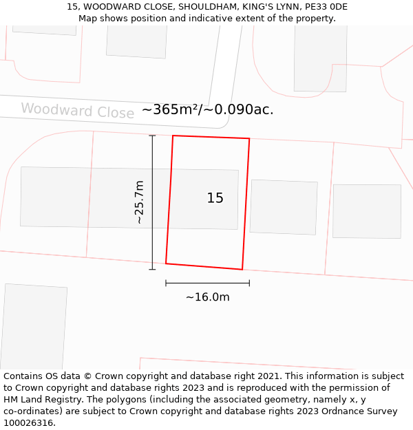 15, WOODWARD CLOSE, SHOULDHAM, KING'S LYNN, PE33 0DE: Plot and title map