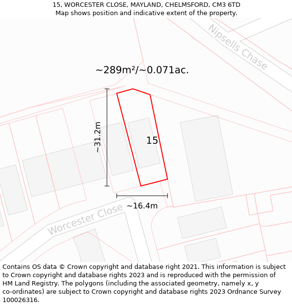 15, WORCESTER CLOSE, MAYLAND, CHELMSFORD, CM3 6TD: Plot and title map