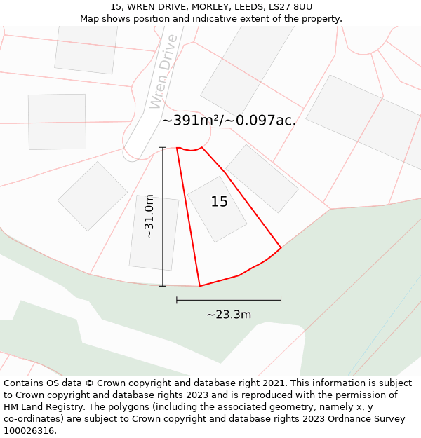 15, WREN DRIVE, MORLEY, LEEDS, LS27 8UU: Plot and title map