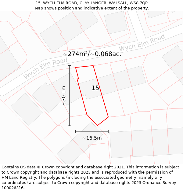 15, WYCH ELM ROAD, CLAYHANGER, WALSALL, WS8 7QP: Plot and title map