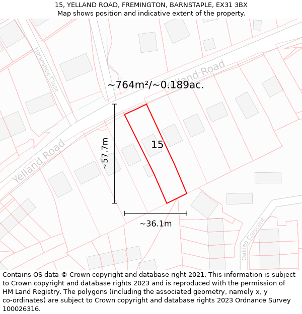 15, YELLAND ROAD, FREMINGTON, BARNSTAPLE, EX31 3BX: Plot and title map