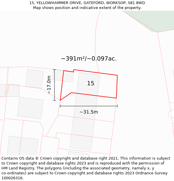 15, YELLOWHAMMER DRIVE, GATEFORD, WORKSOP, S81 8WD: Plot and title map