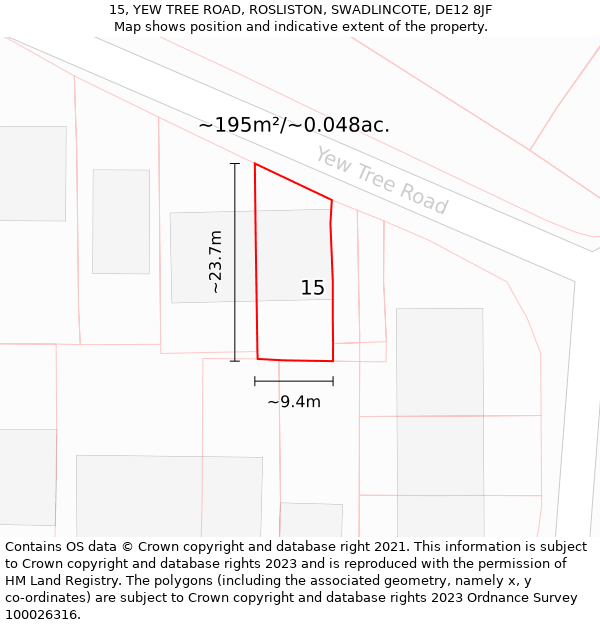 15, YEW TREE ROAD, ROSLISTON, SWADLINCOTE, DE12 8JF: Plot and title map