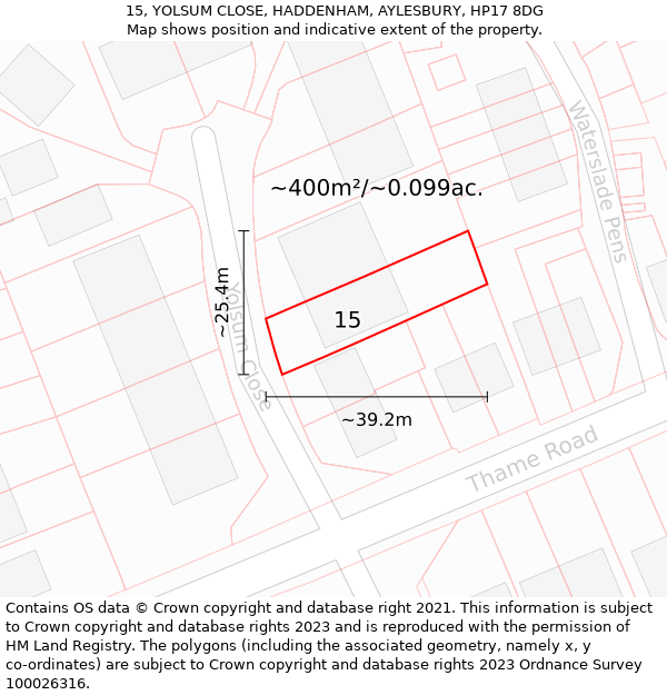 15, YOLSUM CLOSE, HADDENHAM, AYLESBURY, HP17 8DG: Plot and title map