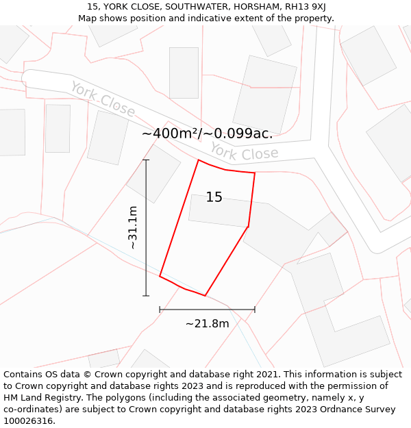 15, YORK CLOSE, SOUTHWATER, HORSHAM, RH13 9XJ: Plot and title map