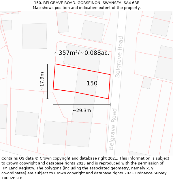 150, BELGRAVE ROAD, GORSEINON, SWANSEA, SA4 6RB: Plot and title map