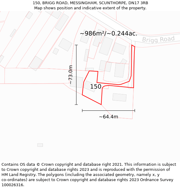 150, BRIGG ROAD, MESSINGHAM, SCUNTHORPE, DN17 3RB: Plot and title map