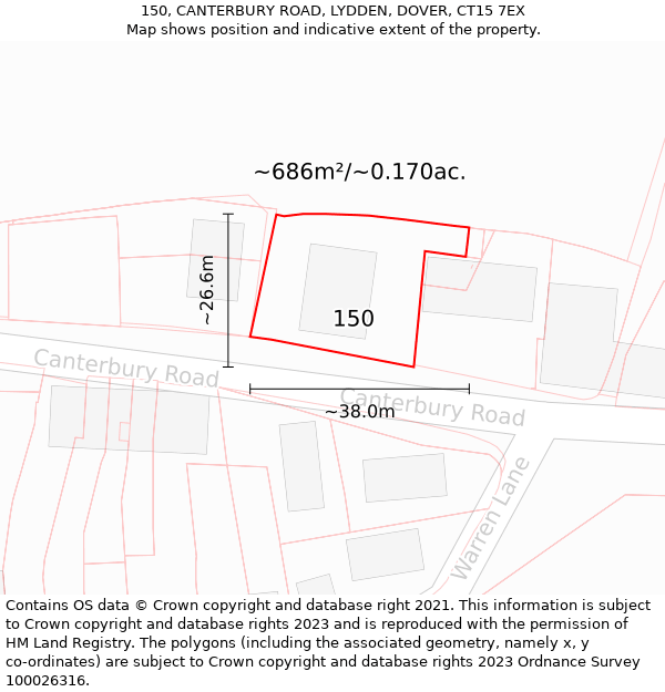 150, CANTERBURY ROAD, LYDDEN, DOVER, CT15 7EX: Plot and title map