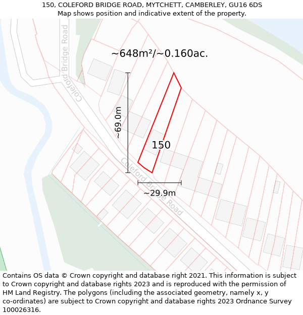 150, COLEFORD BRIDGE ROAD, MYTCHETT, CAMBERLEY, GU16 6DS: Plot and title map