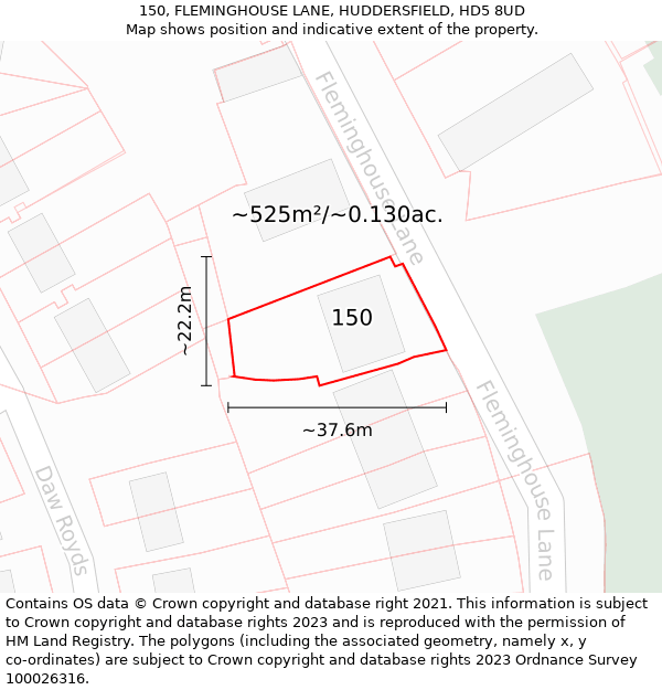 150, FLEMINGHOUSE LANE, HUDDERSFIELD, HD5 8UD: Plot and title map