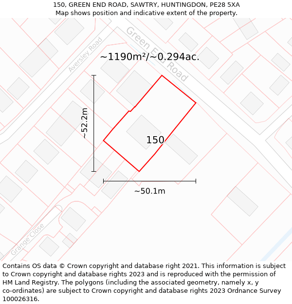 150, GREEN END ROAD, SAWTRY, HUNTINGDON, PE28 5XA: Plot and title map