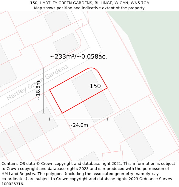 150, HARTLEY GREEN GARDENS, BILLINGE, WIGAN, WN5 7GA: Plot and title map