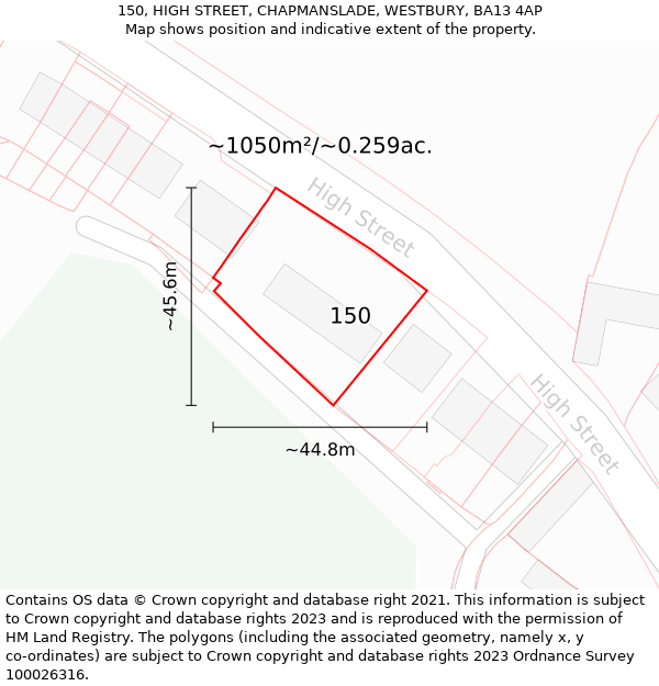 150, HIGH STREET, CHAPMANSLADE, WESTBURY, BA13 4AP: Plot and title map