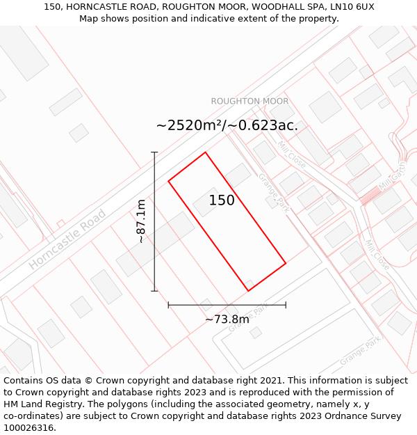 150, HORNCASTLE ROAD, ROUGHTON MOOR, WOODHALL SPA, LN10 6UX: Plot and title map