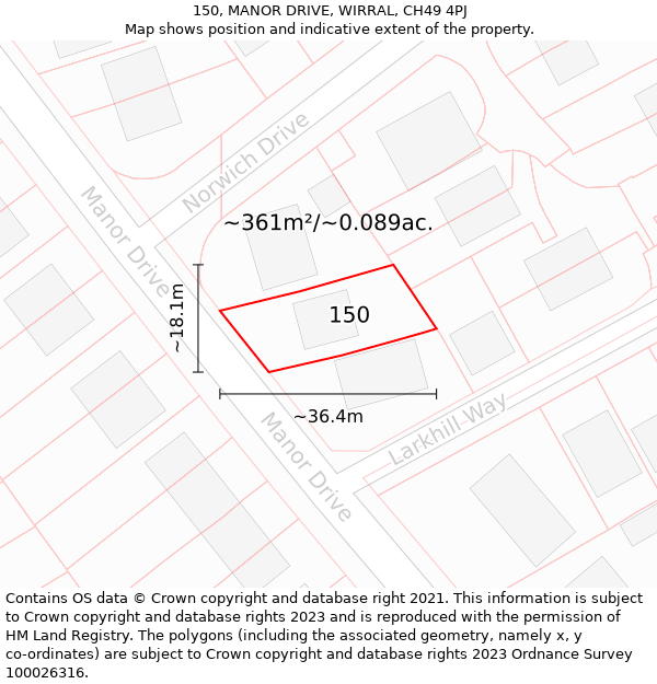 150, MANOR DRIVE, WIRRAL, CH49 4PJ: Plot and title map