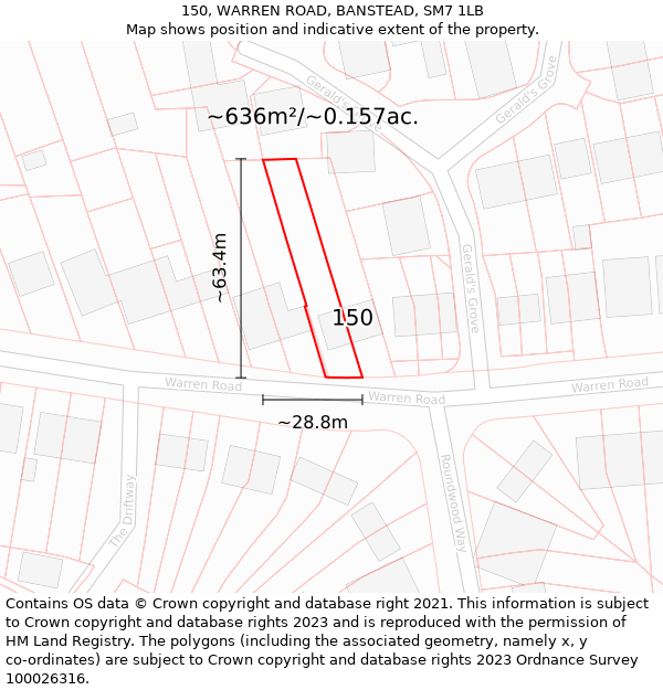 150, WARREN ROAD, BANSTEAD, SM7 1LB: Plot and title map