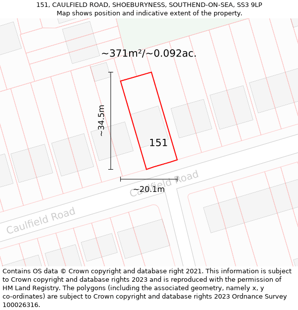 151, CAULFIELD ROAD, SHOEBURYNESS, SOUTHEND-ON-SEA, SS3 9LP: Plot and title map