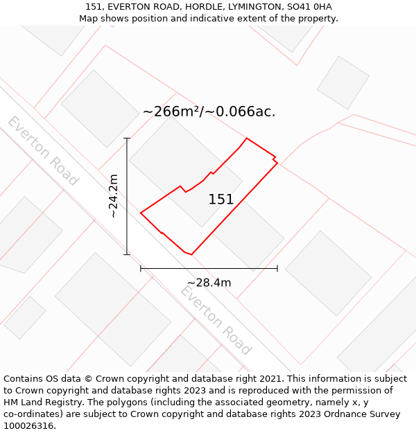 151, EVERTON ROAD, HORDLE, LYMINGTON, SO41 0HA: Plot and title map