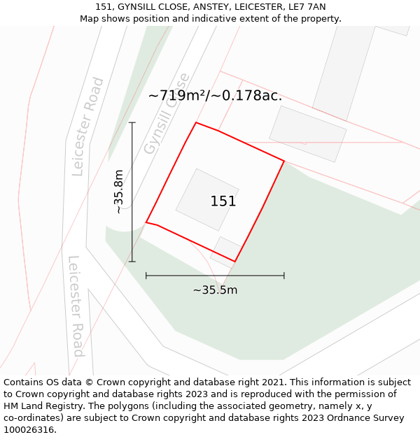 151, GYNSILL CLOSE, ANSTEY, LEICESTER, LE7 7AN: Plot and title map