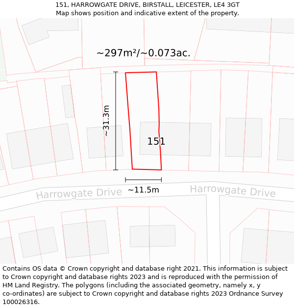 151, HARROWGATE DRIVE, BIRSTALL, LEICESTER, LE4 3GT: Plot and title map